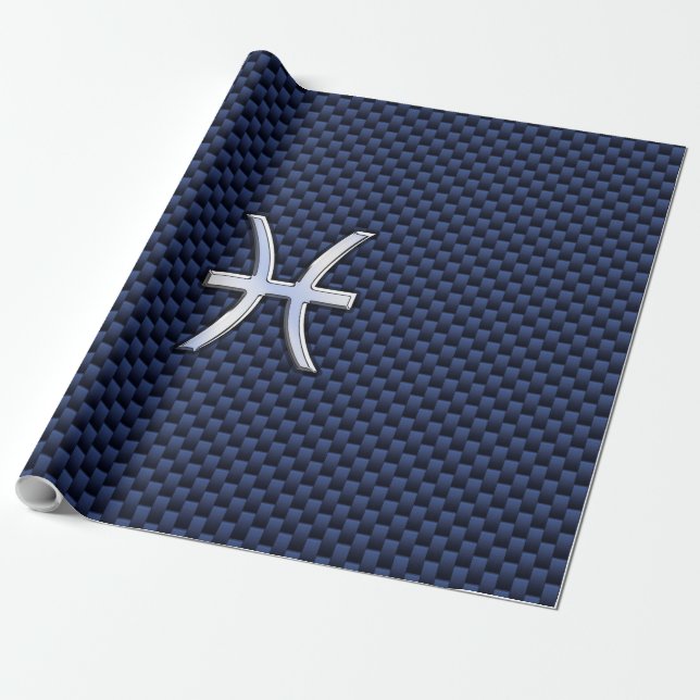 Pisces Zodiac-signering på Blue Carbon Fiber Print Presentpapper (Utrullad)