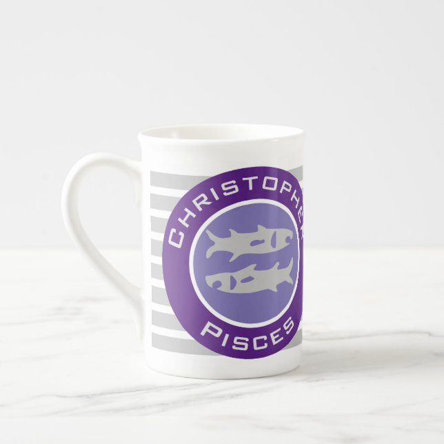 Pisces Zodiac-Stjärntecken med ägarens Namn Benporslin Mugg (Vänster)