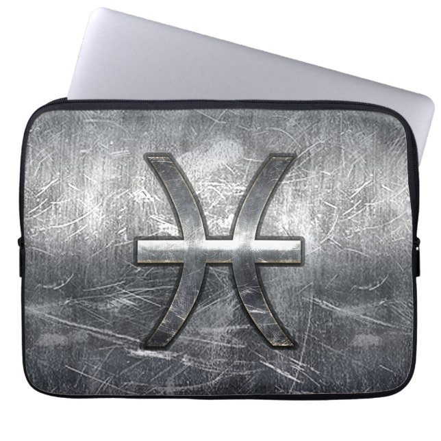 Pisces Zodiac Symbol in Grunge Steel Print Laptop Sleeve (Framsidan)