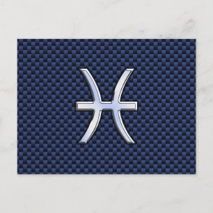 Pisces Zodiac Symbol på Blue Carbon Fiber Print Vykort