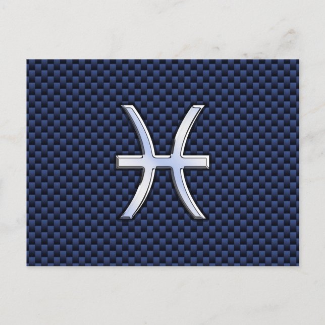 Pisces Zodiac Symbol på Blue Carbon Fiber Print Vykort (Framsida)