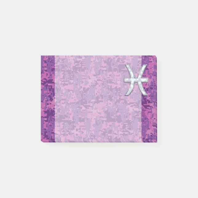 Pisces Zodiac Symbol på Fuchsia Rosa Digital Camo Post-it Block (Framsida)