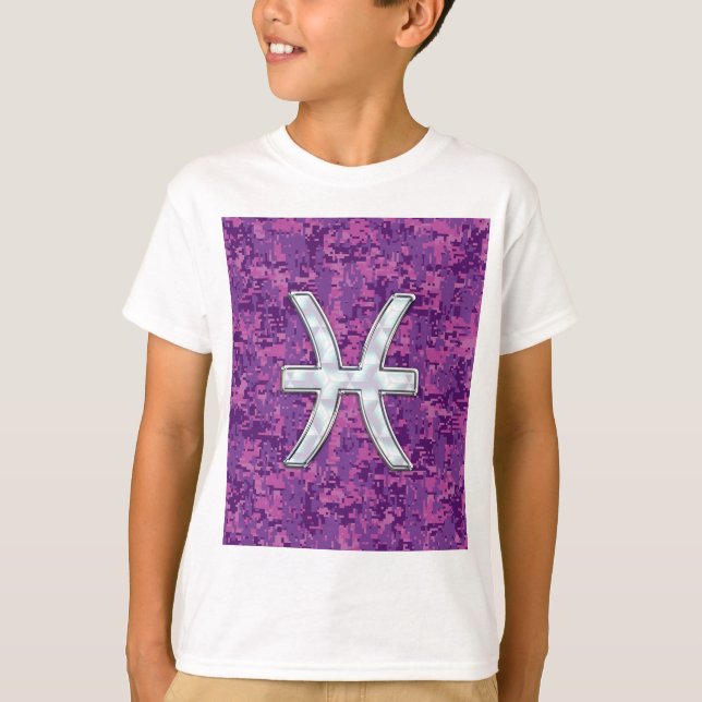 Pisces Zodiac Symbol på Fuchsia Rosa Digital Camo T Shirt (Framsida)