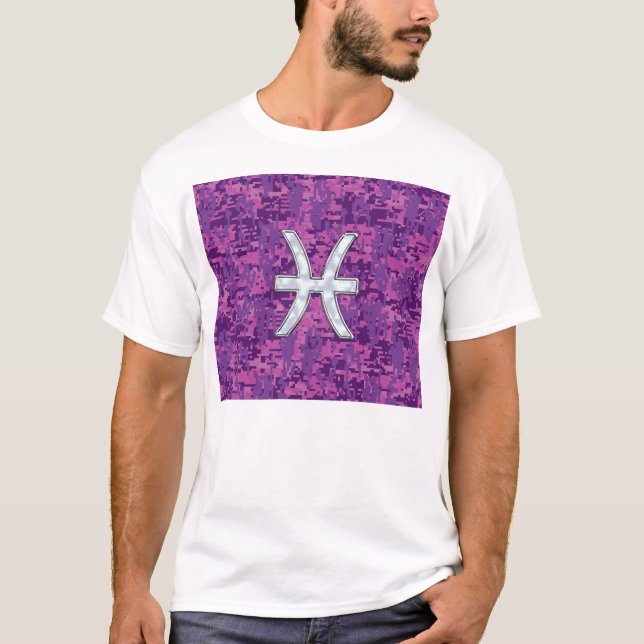 Pisces Zodiac Symbol på Fuchsia Rosa Digital Camo Tee (Framsida)