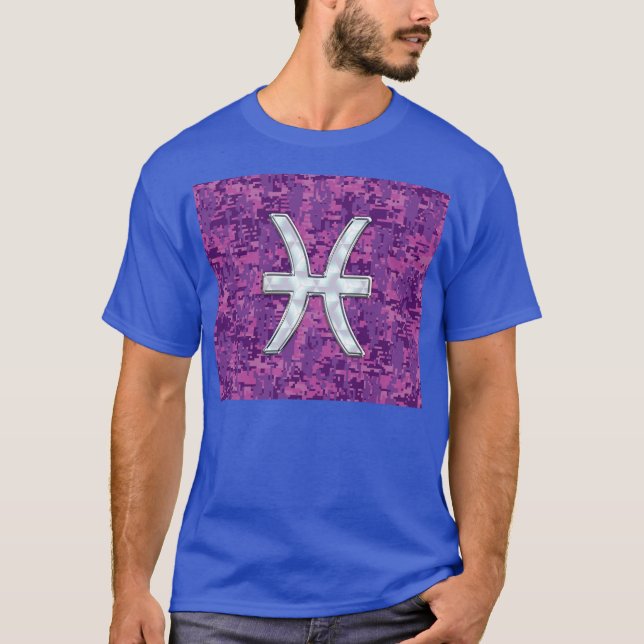 Pisces Zodiac Symbol på Fuchsia Rosa Digital Camo Tee Shirt (Framsida)