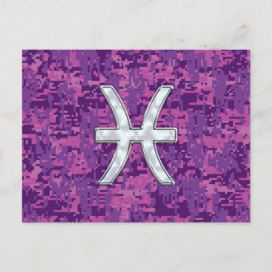 Pisces Zodiac Symbol på Fuchsia Rosa Digital Camo Vykort