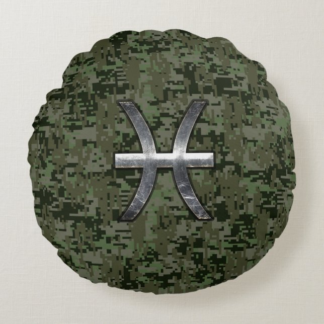 Pisces Zodiac Symbol Woodland Digital Camouflage Rund Kudde (Framsidan)