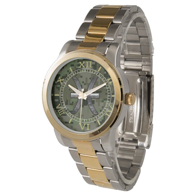 Pisces Zodiac Symbol Woodland Grönt Camo Dial Armbandsur (Vinklad)