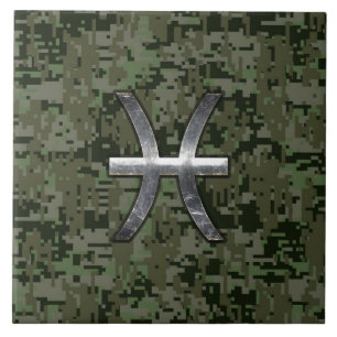 Pisces Zodiac Symbol Woodland Grönt Digital Camo Kakelplatta