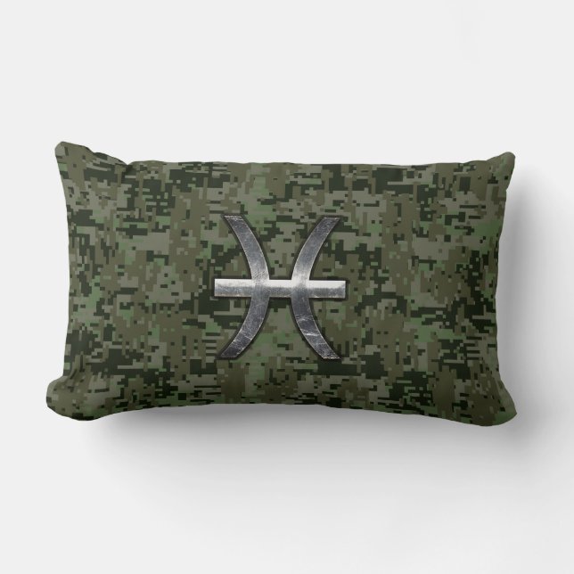 Pisces Zodiac Symbol Woodland Grönt Digital Camo Lumbarkudde (Framsida)