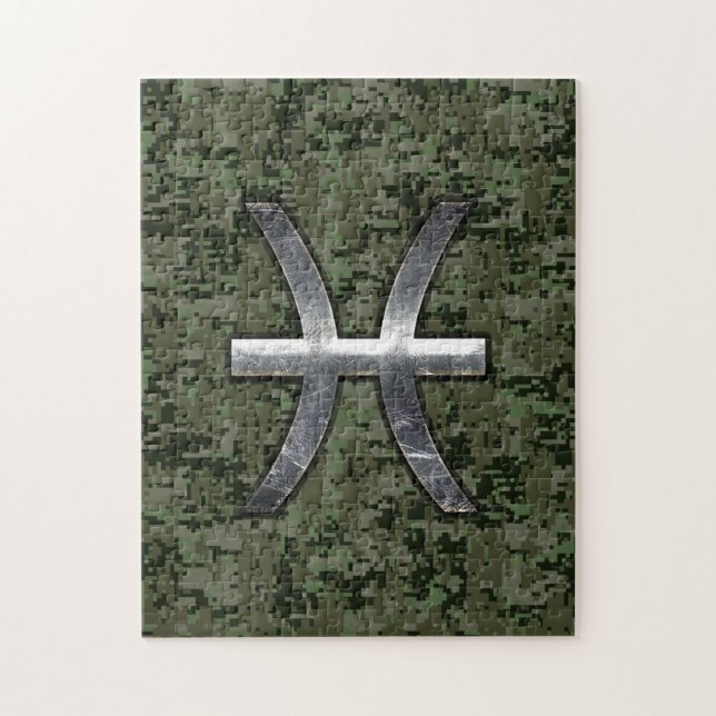 Pisces Zodiac Symbol Woodland Grönt Digital Camo Pussel (Vertikal)