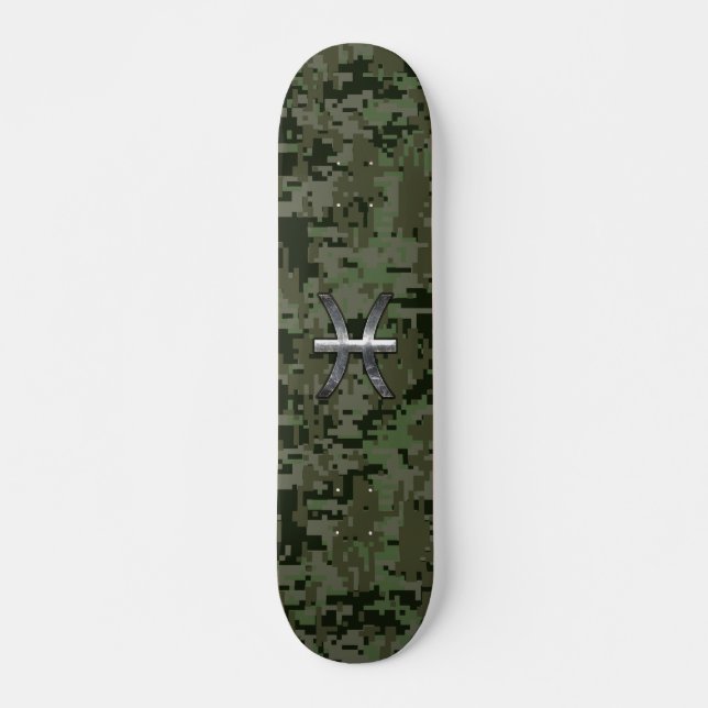 Pisces Zodiac Symbol Woodland Grönt Digital Camo Skateboard Bräda 21,5 Cm (Framsida)