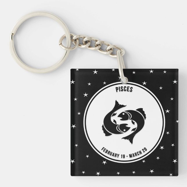 Pisces Zodiac-tecken, Black & White Keychain (Framsidan)