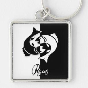 Pisces Zodiac-tecken, Black & White Keychain Fyrkantig Silverfärgad Nyckelring