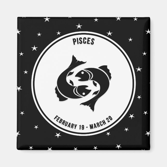 Pisces Zodiac-tecken, Black & White Magnet (Framsidan)