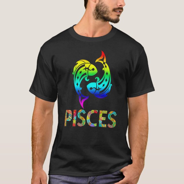 Pisces Zodiac-tecken Färgfull fisk Mönster T Shirt (Framsida)