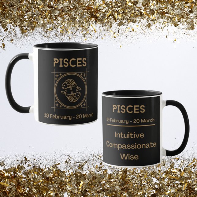 Pisces Zodiac-tecken med symbol och spår Mugg (Pisces Zodiac Coffee Mug with traits)