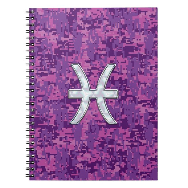 Pisces Zodiac-tecken på Fuchsia Digital Camo Anteckningsbok (Framsidan)