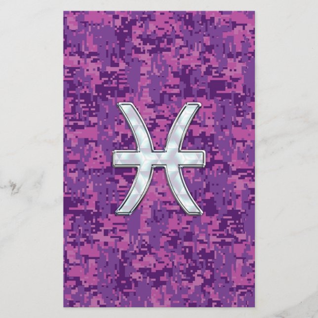 Pisces Zodiac-tecken på Fuchsia Digital Camo Brevpapper (Framsida)