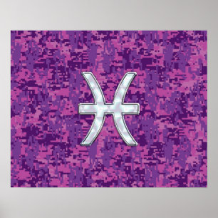Pisces Zodiac-tecken på Fuchsia Digital Camo Poster