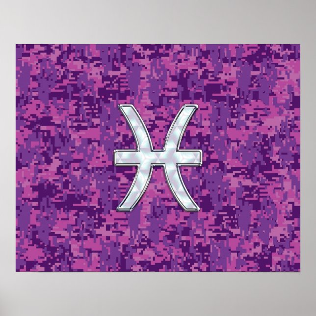 Pisces Zodiac-tecken på Fuchsia Digital Camo Poster (Framsidan)
