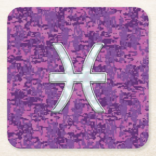 Pisces Zodiac-tecken på Fuchsia Digital Camo Underlägg Papper Kvadrat