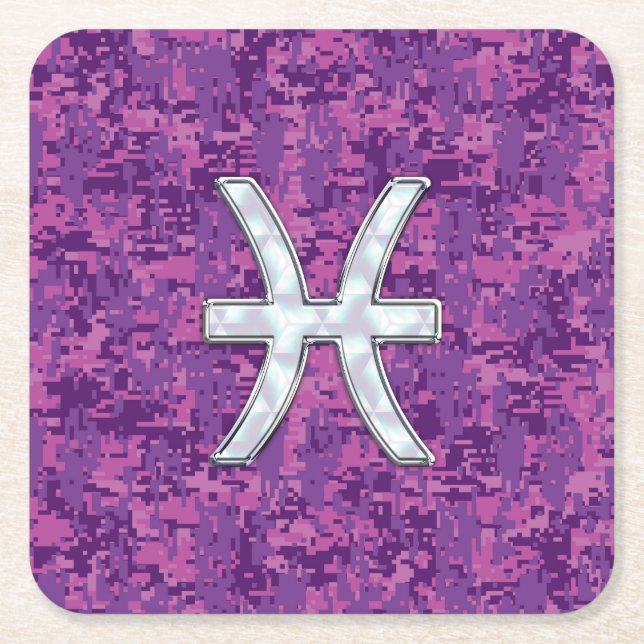 Pisces Zodiac-tecken på Fuchsia Digital Camo Underlägg Papper Kvadrat (Framsidan)