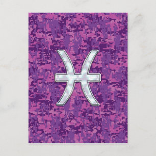 Pisces Zodiac-tecken på Fuchsia Digital Camo Vykort