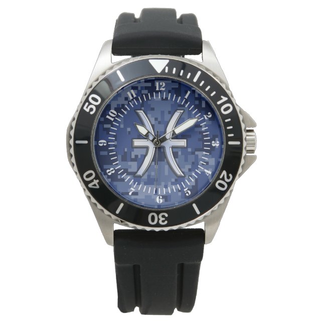 Pisces Zodiac-tecken på Navy Blue Digital Camo Dia Armbandsur (Framsida)