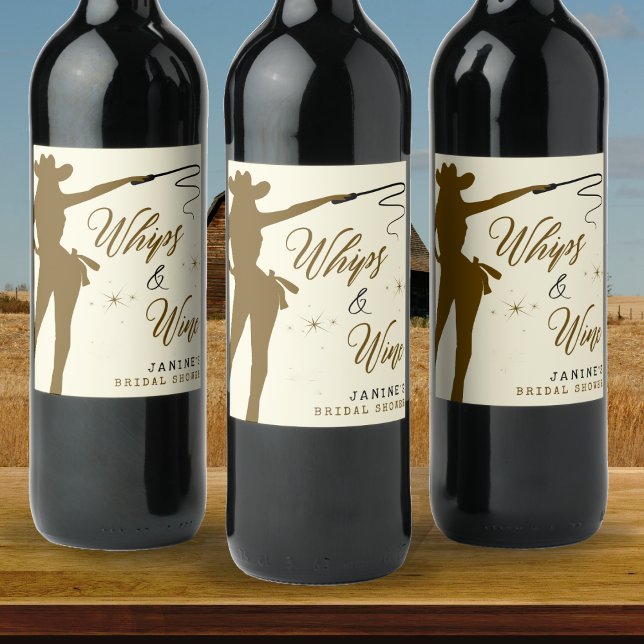 Piskor & Vin Cowgirl Bröllopsfest Vinflaska Etikett (He's Whipped Cowgirl Whip Bridal Shower Invitation
)