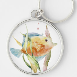 PISKT FÄRGFÄRGSVATTENFÄRG, TROPISKT FISK, RUND SILVERFÄRGAD NYCKELRING