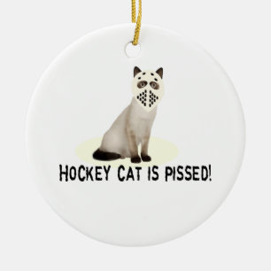 Pissad hockeykatt julgransprydnad keramik