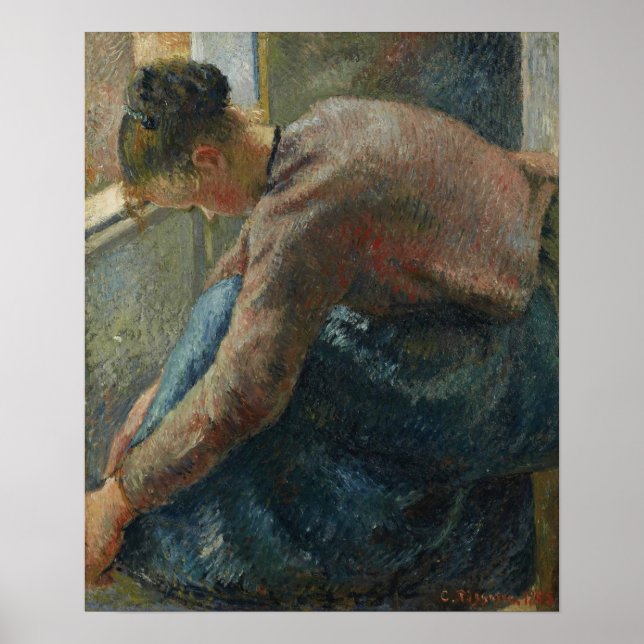 Pissarro - bondkvinna som satte på sängen 1885 poster (Framsidan)