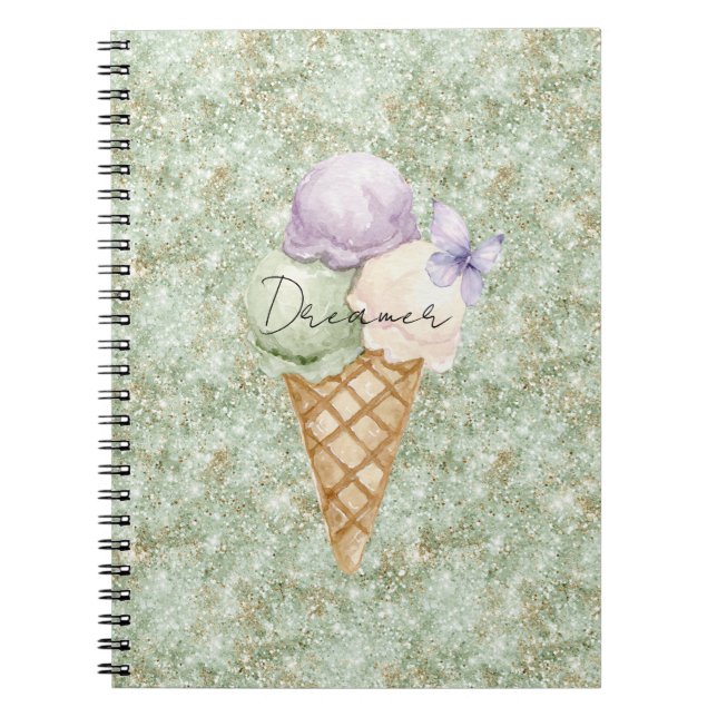 Pistachio Glitter Ice Cream Lavender Butterfly Anteckningsbok (Framsidan)
