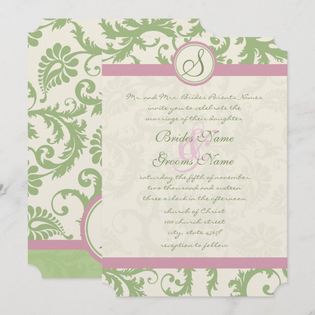 Pistachio Ro Petal Damask Wedding Inbjudan (Fram/baksida)