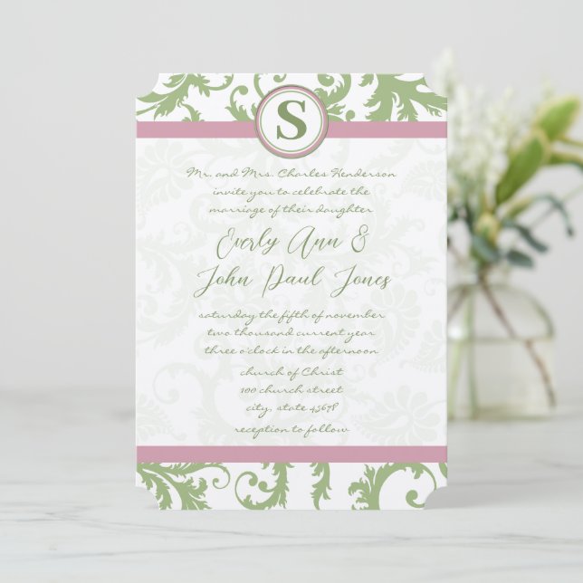 Pistachio Rosa Lavender Damask Wedding Inbjudan (Stående Fram)