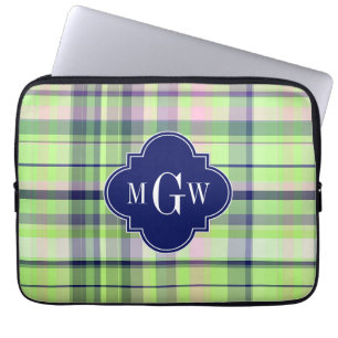 Pistachio Rosa Navy Wht Preppy Madras Monogram Laptop Sleeve