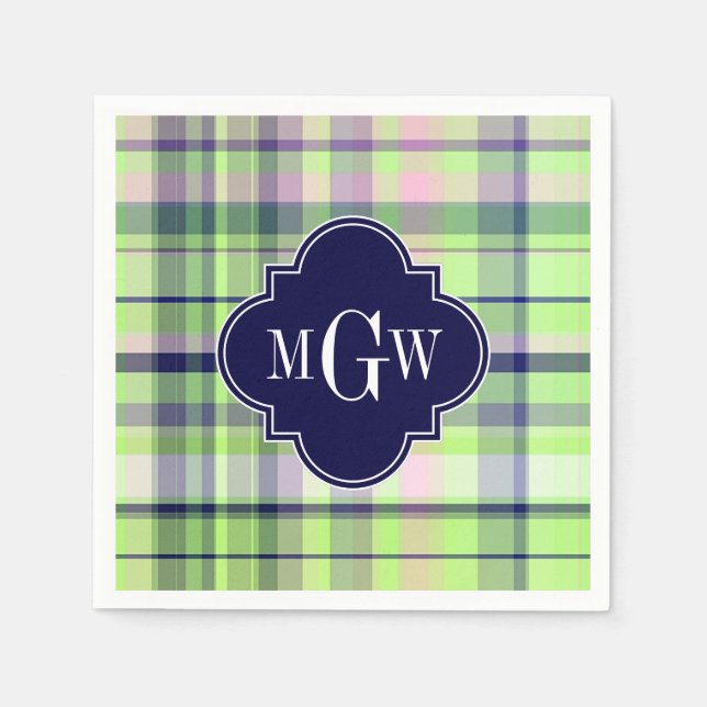 Pistachio Rosa Navy Wht Preppy Madras Monogram Pappersservett (Framsidan)