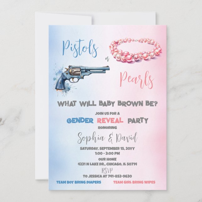 Pistoler eller Pearls Gender Reveal Party Inbjudningar (Framsida)