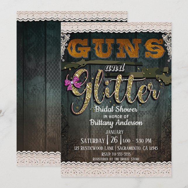 PISTOLER OCH GLITTER Träspets Rustik Bröllopsfesti Inbjudningar (Fram/baksida)