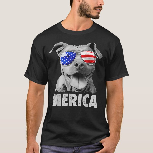 Pit Bull 4:e juli Merica Manar American Flagga Sun T Shirt (Framsida)