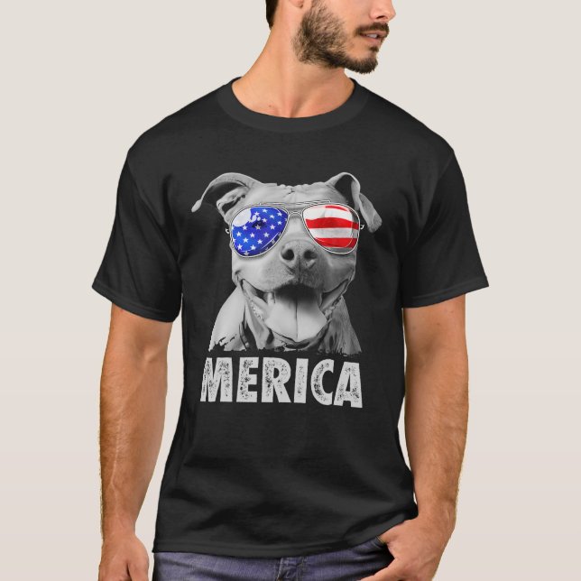 Pit Bull 4:e juli Merica Manar American Flagga Sun T Shirt (Framsida)