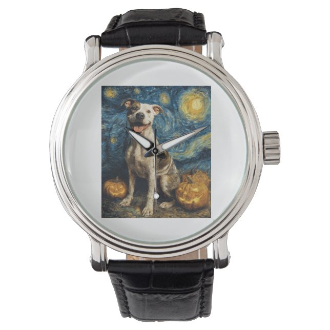 Pit Bull Cute Dog Halloween Jack O Lantern Pumpkin Armbandsur (Framsida)