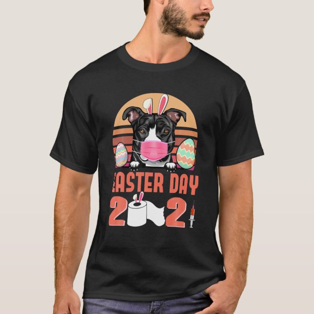 Pit Bull Dog Ansikte Mask Rabbit Bunny Egg Påsk Da T Shirt (Framsida)