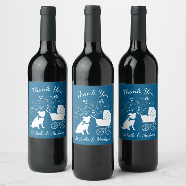 Pit Bull Dog Baby Shower Blue Boy Pitbull Vinflaska Etikett (Flaskor)