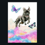 Pit Bull Dog Fantasy Watercolor Pop Art Poster<br><div class="desc">Detta är en vit vattenfärgsillustration av en svart bull hund som hoppar ut ur regnbågens färgad moln. Söt fjärilar flyger runt i hund. Projektering av popkonst för hundälskare.</div>
