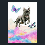 Pit Bull Dog Fantasy Watercolor Pop Art Poster<br><div class="desc">Detta är en vit vattenfärgsillustration av en svart bull hund som hoppar ut ur regnbågens färgad moln. Söt fjärilar flyger runt i hund. Projektering av popkonst för hundälskare.</div>