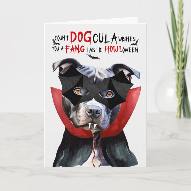 Pit Bull Dog Funny Count DOGcula Halloween Helgkort (Framsida)