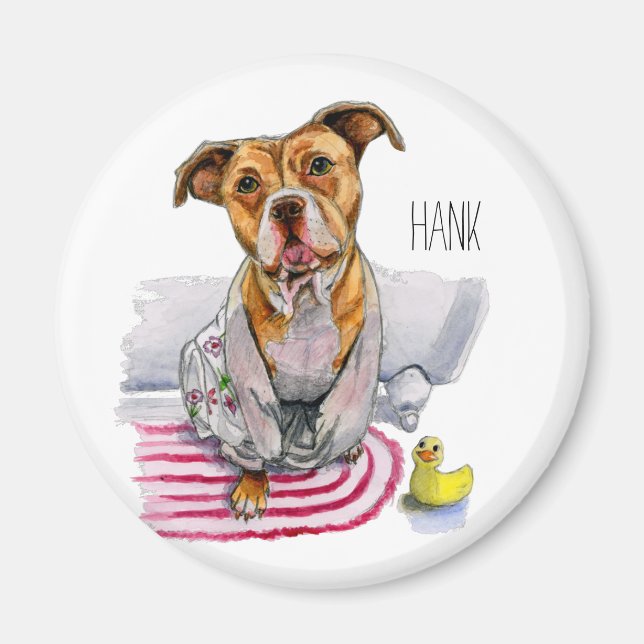 Pit Bull Dog in Bathrobe Watercolor Painting Magnet (Framsidan)