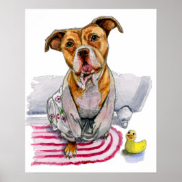 Pit Bull Dog in Bathrobe Watercolor Painting Poster